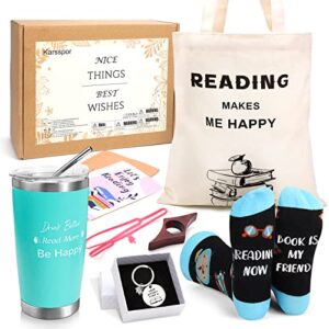 karsspor book lovers gifts box, 7 pcs customized gifts for book lovers include tote bag, insulated tumbler, book holder, bookmark, great gifts for readers, book lovers and librarians