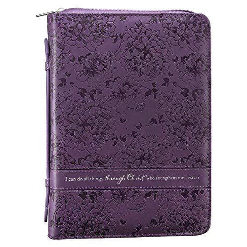 Christian Art Gifts Women's Fashion Bible Cover I Can Do All Things Philippians 4:13, Purple Floral Faux Leather, Large