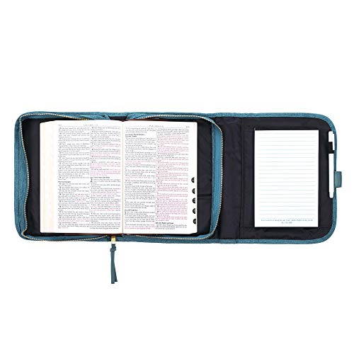 Christian Art Gifts Faith Badge Floral Women's Tri-Fold Organizer Bible Cover Zipper Closure, Teal Canvas, Medium