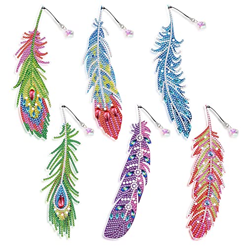 WHATWEARS Feather Diamond Painting Bookmarks 6 Pieces 5D Diamond Drawing Bookmarks Acrylic Art Bookmarks with Tassel Bookmarks for Adults Kids Students Crafts DIY Making Graduation Birthday