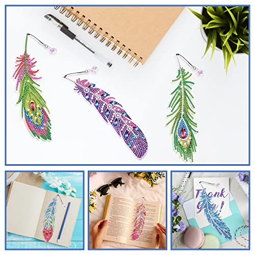 WHATWEARS Feather Diamond Painting Bookmarks 6 Pieces 5D Diamond Drawing Bookmarks Acrylic Art Bookmarks with Tassel Bookmarks for Adults Kids Students Crafts DIY Making Graduation Birthday