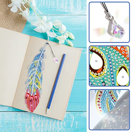 WHATWEARS Feather Diamond Painting Bookmarks 6 Pieces 5D Diamond Drawing Bookmarks Acrylic Art Bookmarks with Tassel Bookmarks for Adults Kids Students Crafts DIY Making Graduation Birthday