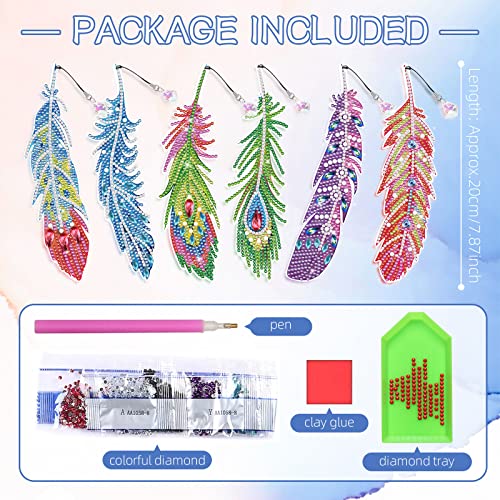 WHATWEARS Feather Diamond Painting Bookmarks 6 Pieces 5D Diamond Drawing Bookmarks Acrylic Art Bookmarks with Tassel Bookmarks for Adults Kids Students Crafts DIY Making Graduation Birthday