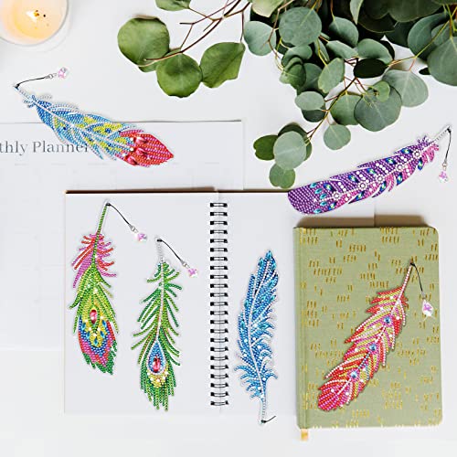 WHATWEARS Feather Diamond Painting Bookmarks 6 Pieces 5D Diamond Drawing Bookmarks Acrylic Art Bookmarks with Tassel Bookmarks for Adults Kids Students Crafts DIY Making Graduation Birthday