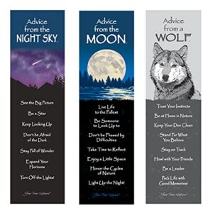 your true nature advice from nature 3 bookmark night set, laminated with glossy finish, printed on recycled paper – wolf, moon, night sky (ambm-night)