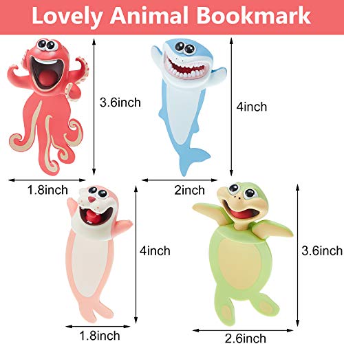 4 Pieces 3D Cartoon Animal Bookmark Funny Animals Reading Bookmark Wacky Bookmark Cute Bookmarks Squashed Ocean Animals Stationery for Teens, Boys and Girls Students