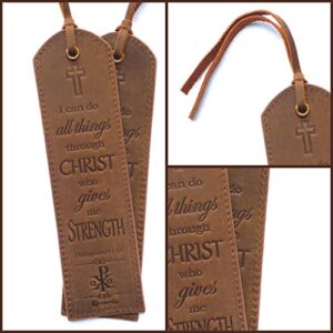 Leather Bible Bookmarks - 2 Leather Christian Bookmarks with Inspirational Bible Verse | Philippians 4: 13 I Can Do All Things Through Christ | Religious Book Marker Gifts for Men, Women and Readers