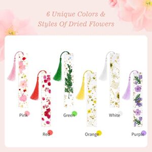 Leezmark 6 Pcs Pressed Flower Bookmark, Handmade Dried Flower Resin Bookmark, Aesthetic Bookmark Pretty Book Markers with Tassels, Reading Gifts for Book Lovers, Cute Bookmarks for Girls Women