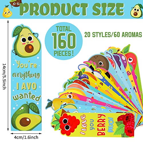 160 Pieces Fruit Scented Bookmarks Scratch and Sniff Bookmarks Assorted Smelly Bookmarks Educational Bookmark for Kids Students Reader, 20 Styles