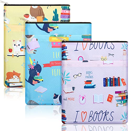 3 Pcs Cat Book Protector Pouch Sleeve Book Covers for Book Lovers Book Protector with Zipper Washable Fabric Book Cover Cute Book Protector Pouch for Paperbacks, Book Lovers, Medium 11 x 8.7 Inch