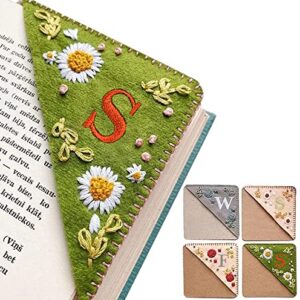 Personalized Hand Embroidered Corner Bookmark,Hand Stitched Felt Corner Letter Bookmark, Felt Triangle Bookmark, Cute Flower Bookmarks for Book Reading Lovers Meaningful Gift (E, Spring)