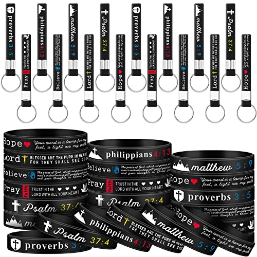 48 Pcs Christian Bible Keychains with Scripture Bracelets Religious Silicone Bible Verses Wristbands Christian Faith Gifts for Men Women Belief Party Favors (Black)