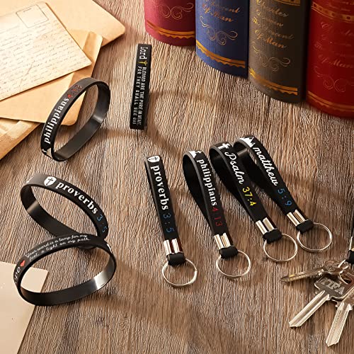 48 Pcs Christian Bible Keychains with Scripture Bracelets Religious Silicone Bible Verses Wristbands Christian Faith Gifts for Men Women Belief Party Favors (Black)