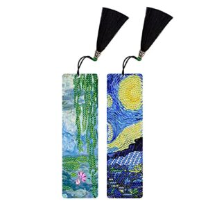 Diamond Painting Bookmarks Monet Water Lily and Van Gogh Starry Night,2 PCS Diamond Art Bookmark with Tassel,Crystal Rhinestone Bookmark Art Kit Gift for Adult