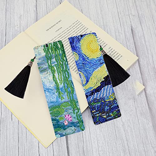 Diamond Painting Bookmarks Monet Water Lily and Van Gogh Starry Night,2 PCS Diamond Art Bookmark with Tassel,Crystal Rhinestone Bookmark Art Kit Gift for Adult