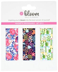 bloom daily planners 3-pack magnetic bookmarks – mini snap-in page marker clips for planners, books, journals (2.5” x 1”) – botanical