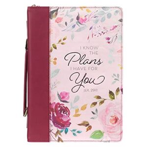 christian art gifts fashion bible cover i know the plans floral jeremiah 29:11 faux leather, pink/plum, large