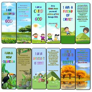 christian bookmarks for kids – identity in christ (12 pack) – collection of inspirational bible verses about being christlike – church memory verse sunday school rewards – christian stocking stuffers