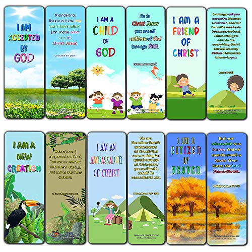 Christian Bookmarks for Kids - Identity in Christ (12 Pack) - Collection of Inspirational Bible Verses About Being Christlike - Church Memory Verse Sunday School Rewards - Christian Stocking Stuffers