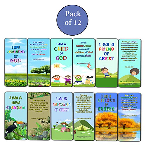 Christian Bookmarks for Kids - Identity in Christ (12 Pack) - Collection of Inspirational Bible Verses About Being Christlike - Church Memory Verse Sunday School Rewards - Christian Stocking Stuffers