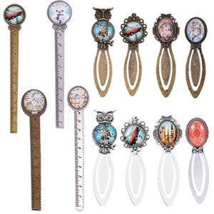 SUNNYCLUE 12Pcs 2 Styles Ruler Bookmark Pendant Tray Kit with 8Pcs Bookmark Cabochon Setting 4Pcs Ruler Cabochon with Clear Oval Round Glass Cabochon for DIY School Office Supplies Book Gifts Making