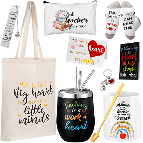 Hotop 11 Pcs Teacher Appreciation Gift Basket for Women Includes Christmas Tote Bag Cosmetic Bag, Wine Tumbler, Bookmark, Ceramic Pen Holder, Apple Keychain, Notebook, Socks and Cards from Students