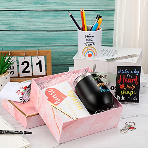 Hotop 11 Pcs Teacher Appreciation Gift Basket for Women Includes Christmas Tote Bag Cosmetic Bag, Wine Tumbler, Bookmark, Ceramic Pen Holder, Apple Keychain, Notebook, Socks and Cards from Students