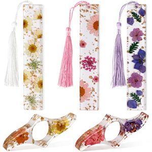 5 pcs resin bookmark and book page holder, cute bookmarks, bookmarks for women, transparent dried flower bookmarks with colorful silky tassel set gift for women girls kids book lovers
