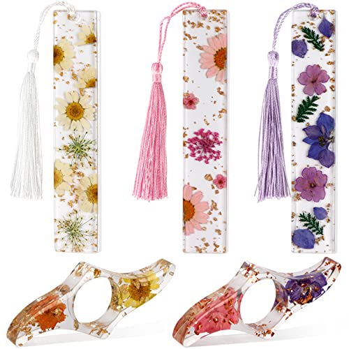 5 Pcs Resin Bookmark and Book Page Holder, Cute Bookmarks, Bookmarks for Women, Transparent Dried Flower Bookmarks with Colorful Silky Tassel Set Gift for Women Girls Kids Book Lovers