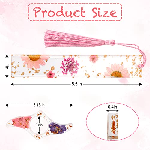 5 Pcs Resin Bookmark and Book Page Holder, Cute Bookmarks, Bookmarks for Women, Transparent Dried Flower Bookmarks with Colorful Silky Tassel Set Gift for Women Girls Kids Book Lovers