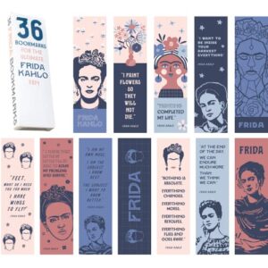 36-pack of frida kahlo paper bookmarks. perfect for art lovers, feminists, and culture enthusiasts. these colorful and inspiring bookmarks feature quotes by the iconic mexican artist.
