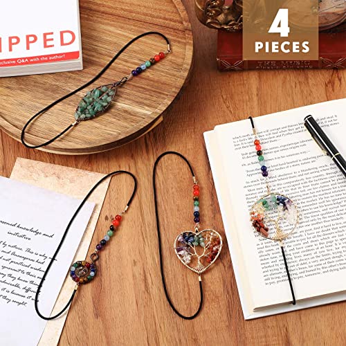 4 Pieces Crystal Bookmark Tree Elastic Bookmark Antique Beading Bookmarks Handmade 7 Chakra Crystals Tree Bookmarks for Book Lovers Gemstones Book Markers for Office Teacher Student Birthday Gifts