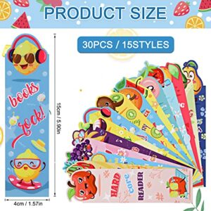 MWOOT 30 Pieces Fruit Paper Bookmarks,Inspirational Book Makers for Students Reading Lovers,Cute Book Page Marks for Kids Teens, Creative Page Clips for Game Prizes School Gifts(15 Styles,15x4cm)