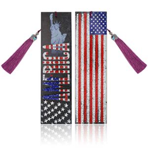 mwoot 2 pcs american flag 5d diamond art painting diy bookmarks, marcadores libro pintura diamantes leather tassel bookmark, statue of liberty beaded book marks for independence day july fourth gift