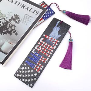 MWOOT 2 Pcs American Flag 5D Diamond Art Painting DIY Bookmarks, Marcadores Libro Pintura Diamantes Leather Tassel Bookmark, Statue of Liberty Beaded Book Marks for Independence Day July Fourth Gift