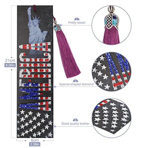 MWOOT 2 Pcs American Flag 5D Diamond Art Painting DIY Bookmarks, Marcadores Libro Pintura Diamantes Leather Tassel Bookmark, Statue of Liberty Beaded Book Marks for Independence Day July Fourth Gift