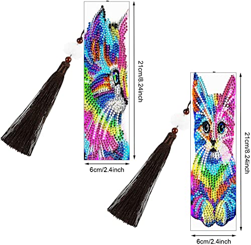 Paint Cat Diamond Painting Bookmark - pigpigboss 2 Pieces Bookmark Diamond Dots Kit Crystal Rhinestone Diamond Painting Cat Bookmark with Tassel for Adult Child Book Decor Arts Gift