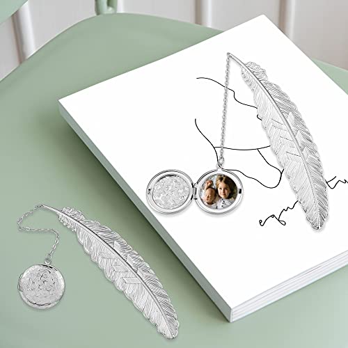 Personalized Master Metal Photo Bookmark Feather Bookmark Custom Picture Locket Pendant for Men Women Readers Book Worms Birthdays Christmas Valentine's Day Memorial Gift Silver 1pc