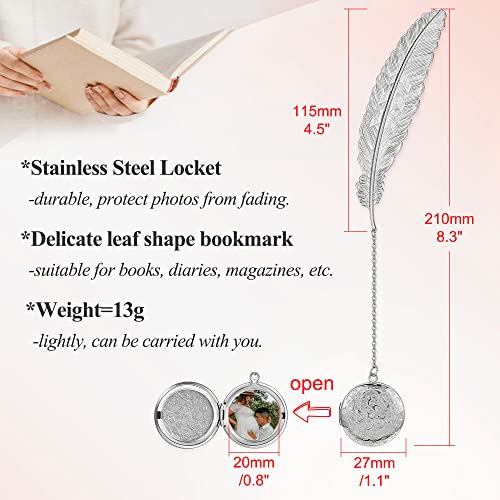 Personalized Master Metal Photo Bookmark Feather Bookmark Custom Picture Locket Pendant for Men Women Readers Book Worms Birthdays Christmas Valentine's Day Memorial Gift Silver 1pc