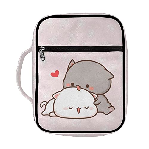 Mumeson Cute Cartoon Cats Bible Bag for Teen Girls Bible Covers with Handle Zip Pockets Durable Bible Protect Case Bible Book Covers Carrying Case Holder Bible Accessories Tote Bag Pink