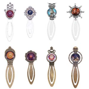 SUNNYCLUE 16Pcs 2 Colors Owl Hamsa Hand Bookmark Pendant Tray Kit Include 8pcs Metal Cabochon Bookmark Blank 8pcs Oval Round Clear Glass Cabochon Lucky Hand of Fatima Magic Style Clock Owl Bookmarks