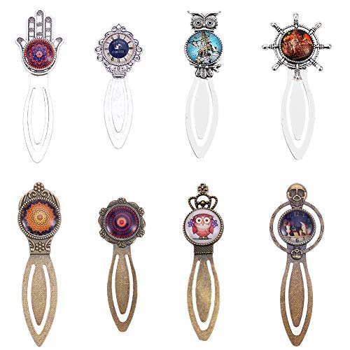 SUNNYCLUE 16Pcs 2 Colors Owl Hamsa Hand Bookmark Pendant Tray Kit Include 8pcs Metal Cabochon Bookmark Blank 8pcs Oval Round Clear Glass Cabochon Lucky Hand of Fatima Magic Style Clock Owl Bookmarks