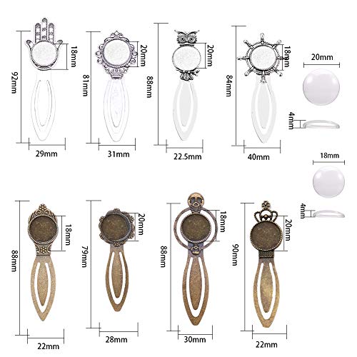 SUNNYCLUE 16Pcs 2 Colors Owl Hamsa Hand Bookmark Pendant Tray Kit Include 8pcs Metal Cabochon Bookmark Blank 8pcs Oval Round Clear Glass Cabochon Lucky Hand of Fatima Magic Style Clock Owl Bookmarks