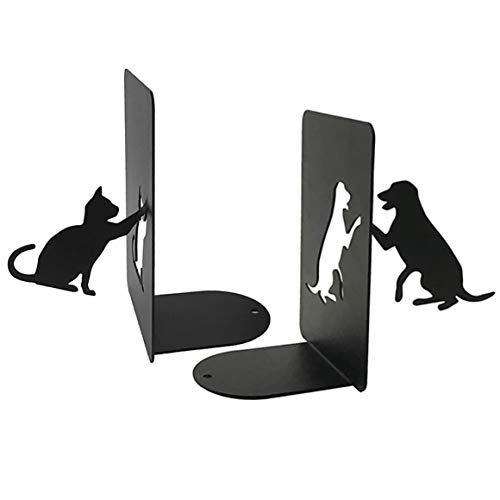 MsFun Dog and Cat Bookends, Metal Black Desktop Books Organizer, Gifts for Book Lovers Dog Lovers Gifts for Women, A Pair