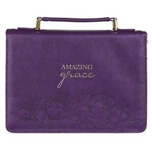 christian art gifts women’s fashion bible cover amazing grace, purple/gold floral faux leather, large