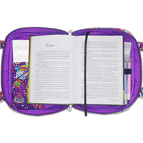 Lost Deer Bible Covers Adjustable Shoulder Straps Scripture Book Case Bags for Women, Purple Floral Quilted Cotton Cloth Bible Case Large 10x7x2.7 Inches