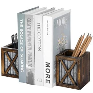 mygift rustic burnt wood decorative bookends, wooden and galvanized metal desktop book stands with pen holder pencil cup stationery storage bins, 1 pair