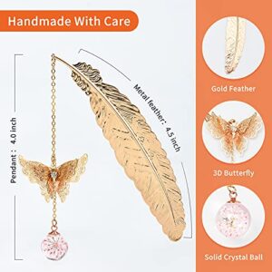 Gold Feather Bookmark 3D Butterfly Book Markers for Women Kids Men Book Lovers Reader Teacher Student Gift