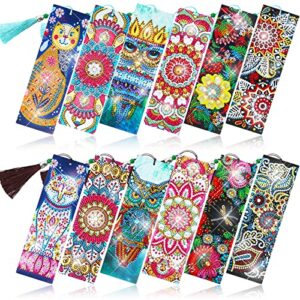 12 pieces 5d diamond painting bookmark art beaded rhinestone floral bookmark with tassel pu leather bookmarks for adults kids diy craft supplies