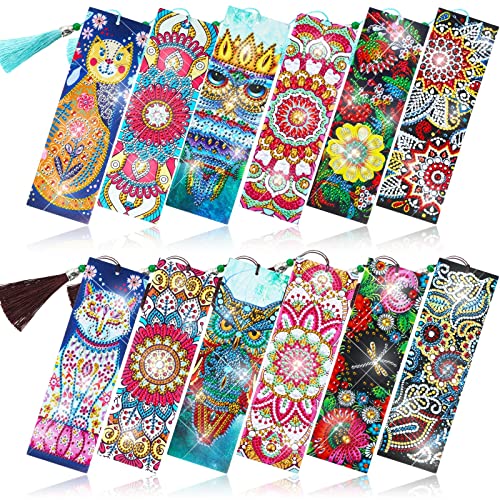 12 Pieces 5D Diamond Painting Bookmark Art Beaded Rhinestone Floral Bookmark with Tassel PU Leather Bookmarks for Adults Kids DIY Craft Supplies